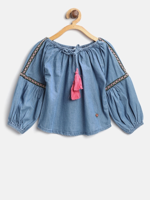 

612 league Girls Blue Solid Chambray Bardot Pure Cotton Top