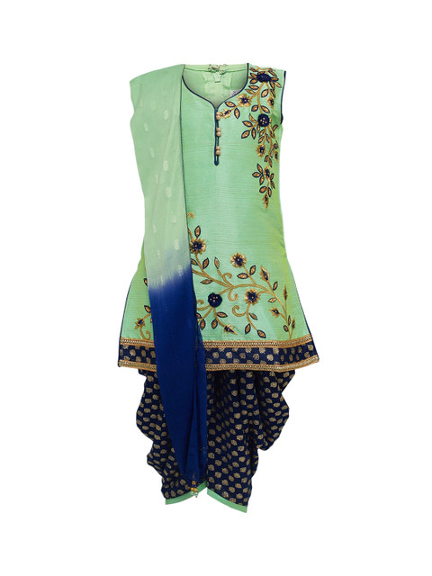 

BETTY Girls Green & Navy Blue Embroidered Kurta with Patiala & Dupatta
