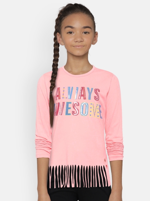 

612 league Girls Pink Printed Pure Cotton Top with Fringes