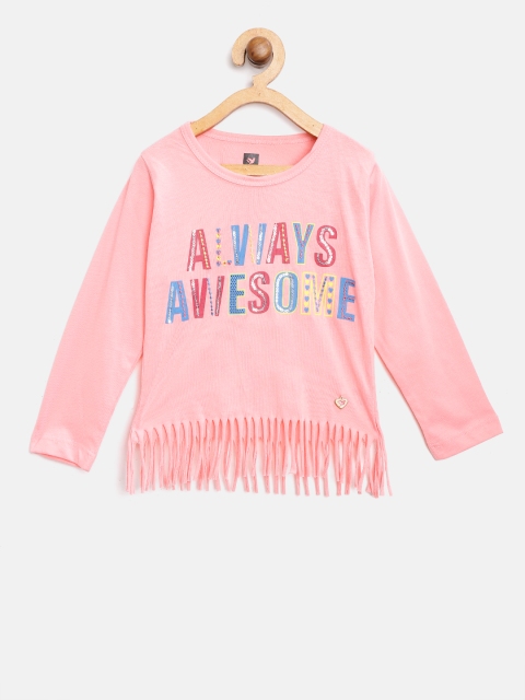 

612 league Girls Peach-Coloured Printed Pure Cotton Top with Fringes