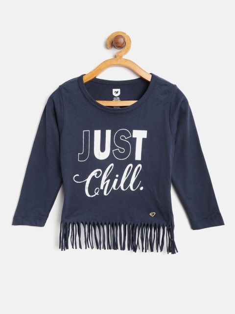 

612 league Girls Navy Printed Pure Cotton Top with Fringes, Navy blue