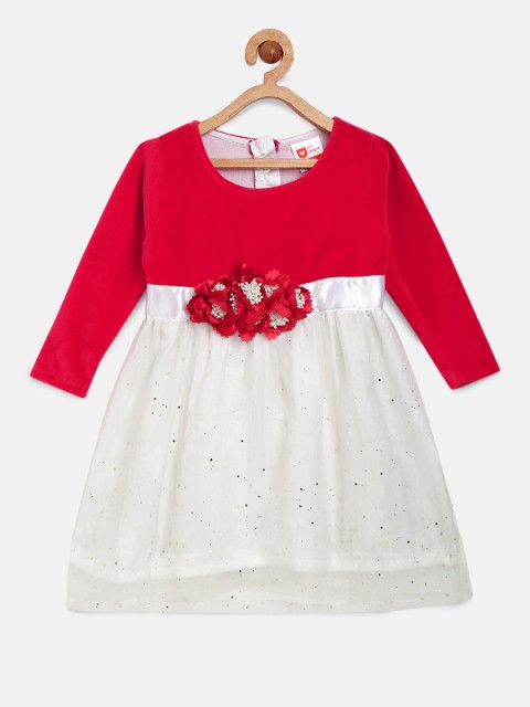 

612 league Girls Red & White Colourblocked Fit and Flare Dress
