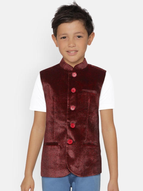 

612 League Boys Red & Black Printed Nehru Jacket with Velvet Finish