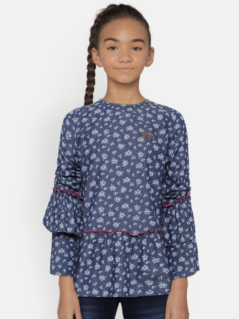 

612 league Girls Blue Floral Print A-Line Chambray Pure Cotton Top