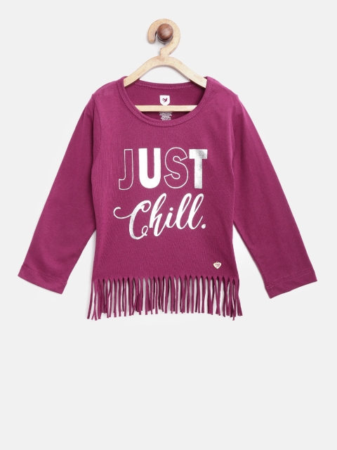 

612 league Girls Purple Printed Top with Fringes