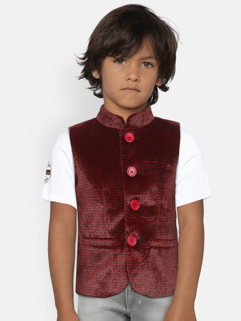 

612 League Boys Red & Black Printed Nehru Jacket with Velvet Finish