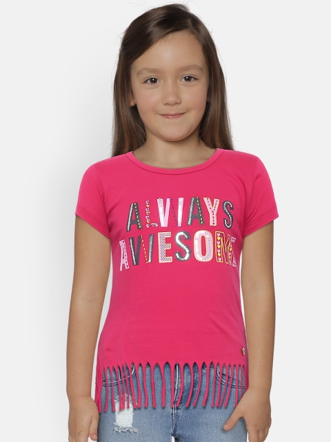 

612 league Girls Pink Printed Fringed Top