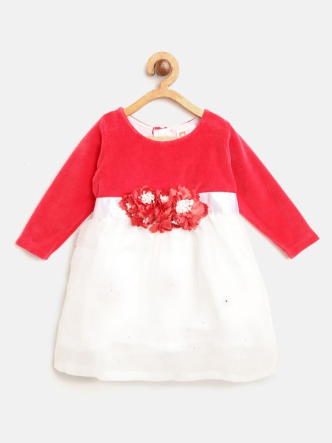 

612 league Girls White & Red Colourblocked Net A-Line Dress with Velvet Finish
