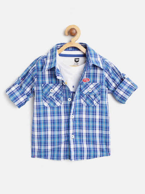 

612 league Boys Blue & White Regular Fit Checked Casual Shirt with T-shirt