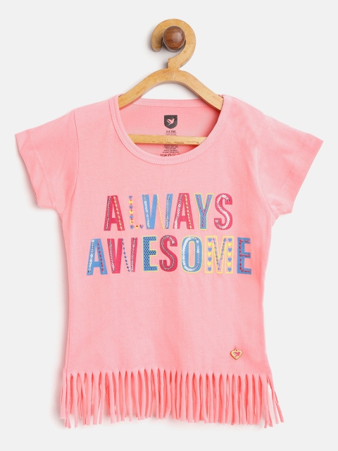 

612 league Girls Pink Printed Top with Fringes