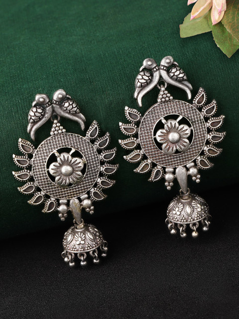 

Rubans Silver-Toned Peacock Shaped Jhumkas