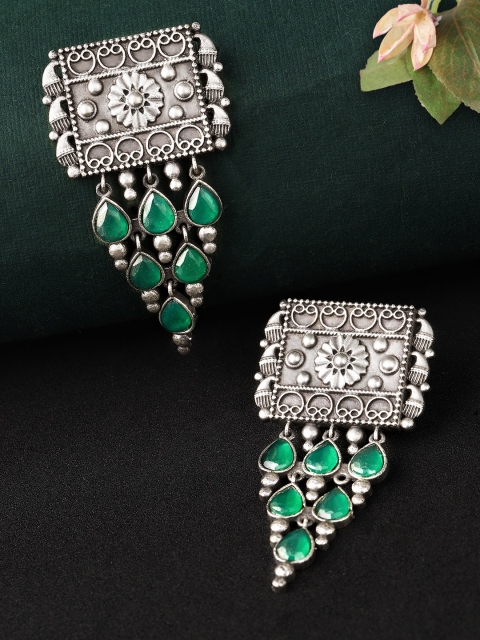 

Rubans Oxidised Silver-Toned & Green Handcrafted Geometric Drop Earrings