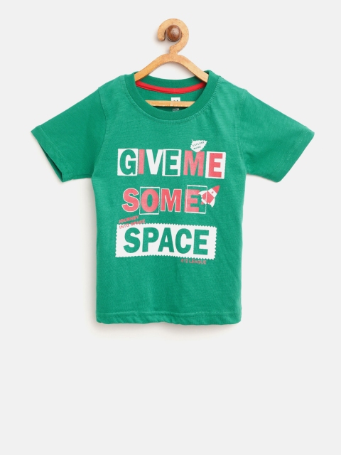 

612 league Boys Green Printed Round Neck T-shirt