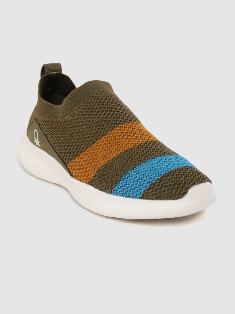 

United Colors of Benetton Men Olive Green & Blue Striped Slip-On Sneakers