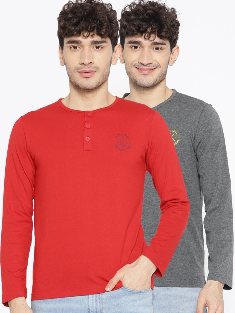 

Duke Men Pack of 2 Solid Henley Neck T-shirts, Red