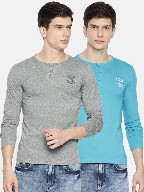 

Duke Men Pack of 2 Grey & Blue Solid Slim Fit Henley Neck T-shirt