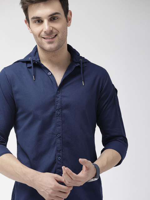 

Mast & Harbour Men Navy Blue Hooded Solid Casual Shirt