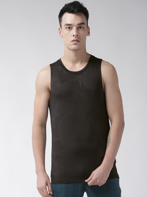 

Fitkin Men Black Printed Sleeveless Round Neck Training T-shirt