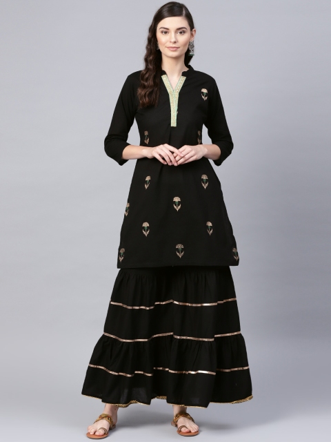 

Bhama Couture Women Black Foil Printed Kurta with Sharara