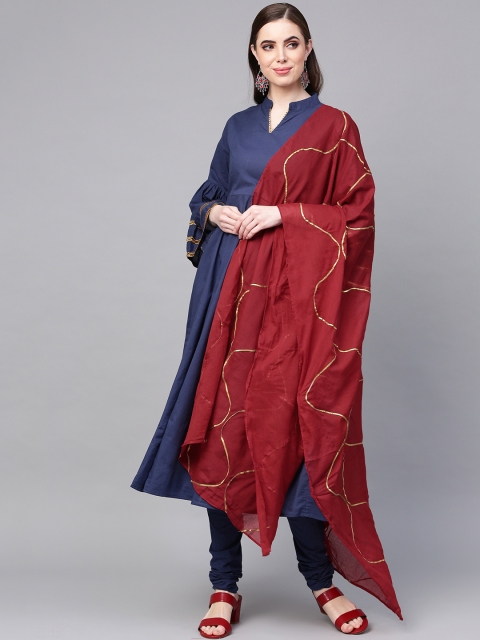 

Bhama Couture Women Blue & Maroon Solid Kurta with Churidar & Dupatta