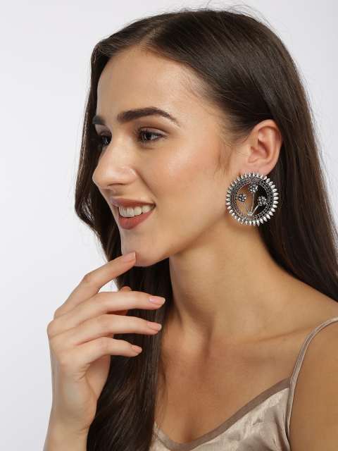 

Ayesha Silver-Toned Ethnic Flower Embellished Oxidized Oversized Stud Earrings