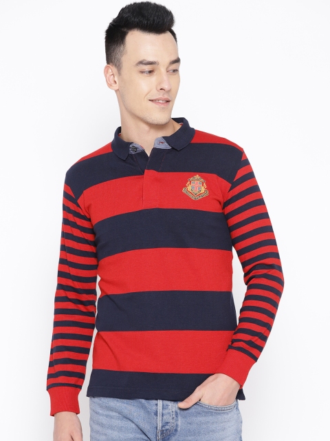 

Duke Men Red & Navy Blue Slim Fit Striped Polo Collar T-shirt