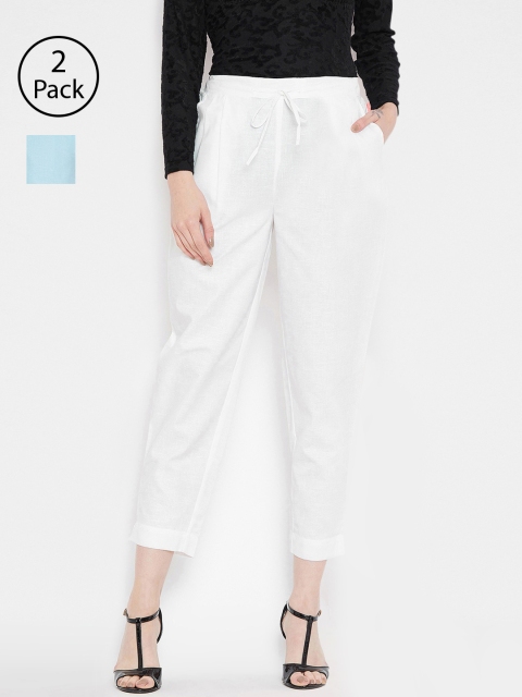 

Bitterlime Women Off-White & Blue Relaxed Regular Fit Solid Peg Trousers