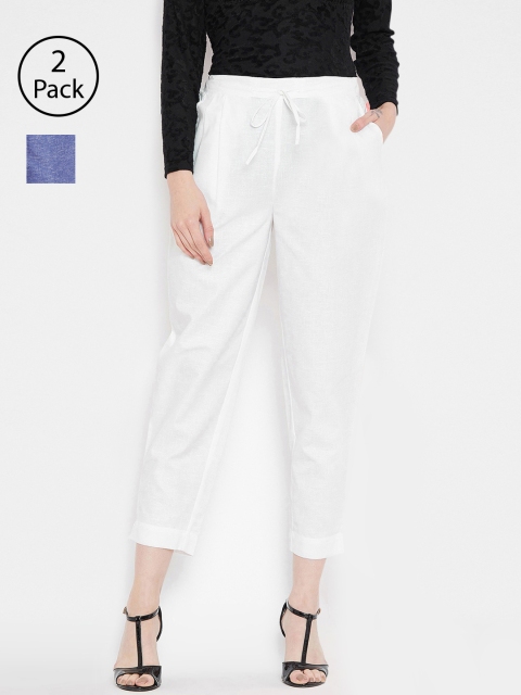 

Bitterlime Women White & Blue Relaxed Regular Fit Solid Peg Trousers