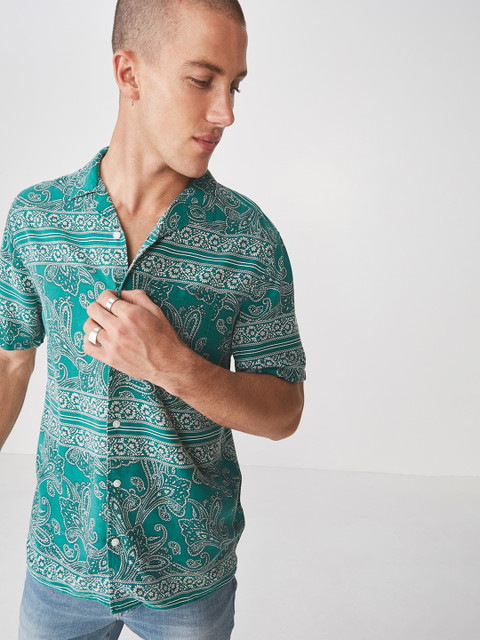 

COTTON ON Men Teal Green & White Slim Fit Printed Casual Shirt
