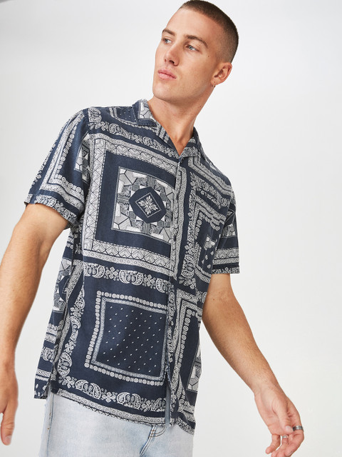 

COTTON ON Men Navy Blue & White Slim Fit Printed Casual Shirt