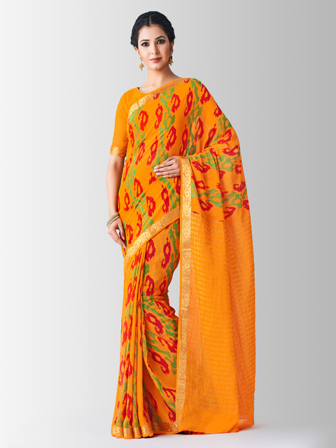 

MIMOSA Orange Chiffon Paisley Printed Banarasi Saree