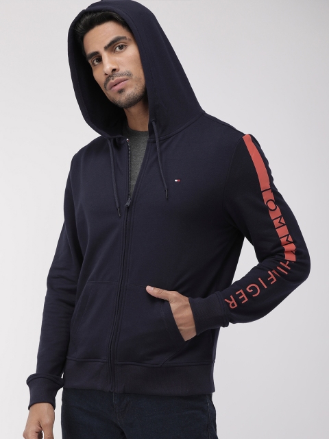 

Tommy Hilfiger Men Navy Blue Solid Hooded Sweatshirt With Printed Details