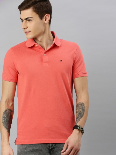 

Tommy Hilfiger Men Peach-Coloured Solid Polo Collar T-shirt