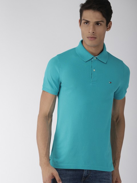 

Tommy Hilfiger Men Turquoise Blue Solid Regular Fit Polo Collar T-shirt