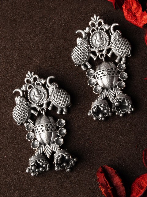 

Rubans Oxidised Silver-Toned Animal Shaped Handcrafted Jhumkas