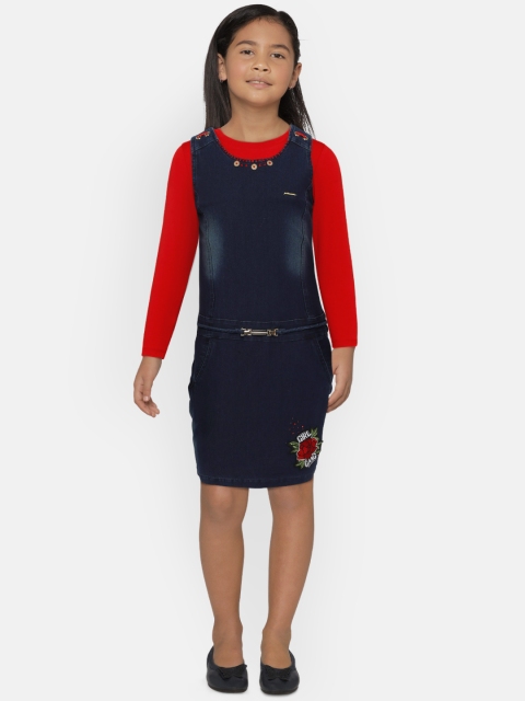 

Peppermint Girls Navy Blue Drop-Waist Denim Dress with Red Tshirt
