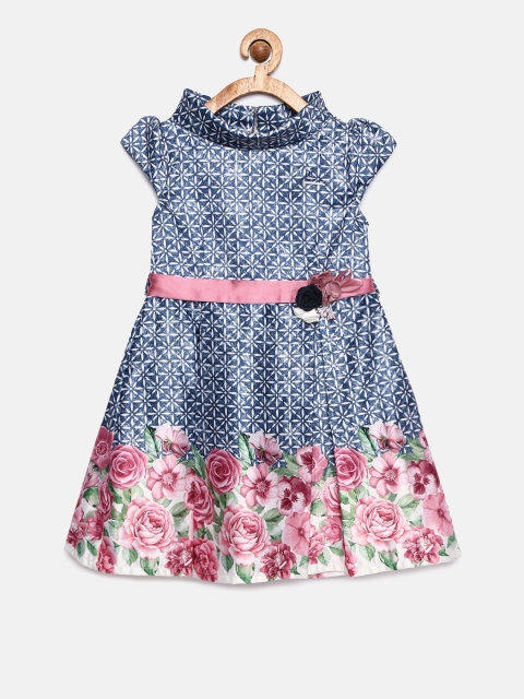 

Peppermint Girls Blue & White Floral Printed Fit and Flare Dress