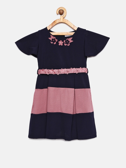 

Peppermint Girls Navy Blue & Pink Colourblocked Fit and Flare Dress
