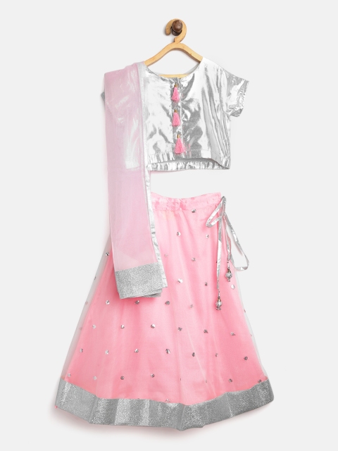 

612 league Girls Pink & Silver Solid Ready to Wear Lehenga & Blouse with Dupatta