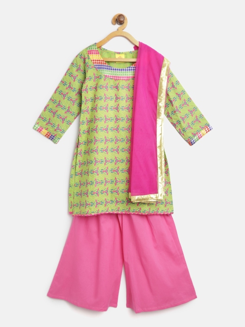 

612 league Girls Green & Pink Printed Kurta with Palazzos & Dupatta