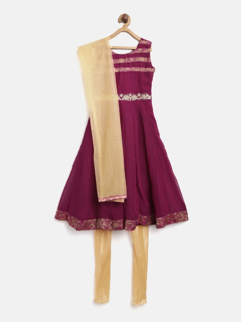 

612 league Girls Burgundy & Beige Solid Kurta with Churidar & Dupatta