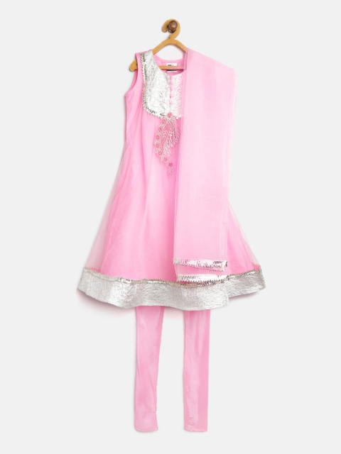 

612 league Girls Pink & Silver Yoke Design Kurta with Churidar & Dupatta