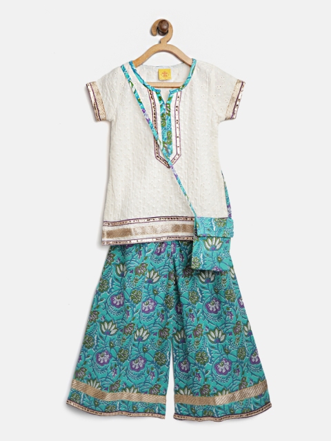 

612 league Girls Off-White & Blue Schiffli Embroidered Kurta with Printed Palazzos