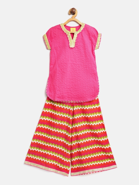 

612 league Girls Pink & Orange Solid Kurti with Striped Palazzos
