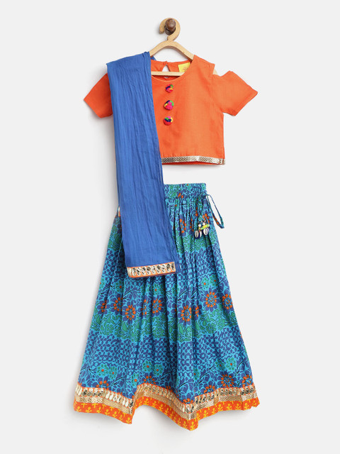 

612 league Girls Blue & Orange Solid Ready to Wear Lehenga & Blouse with Dupatta