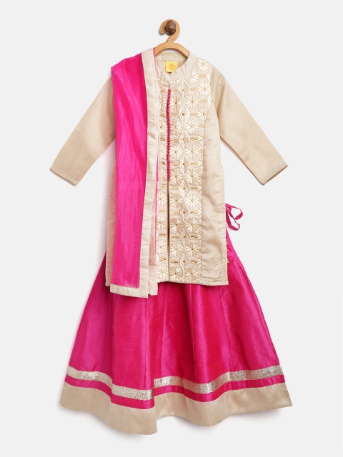 

612 league Girls Beige & Pink Embroidered Kurta with Skirt & Dupatta