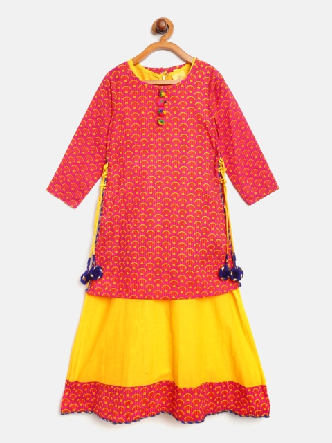 

612 league Girls Pink & Yellow Printed layered A-Line Kurta