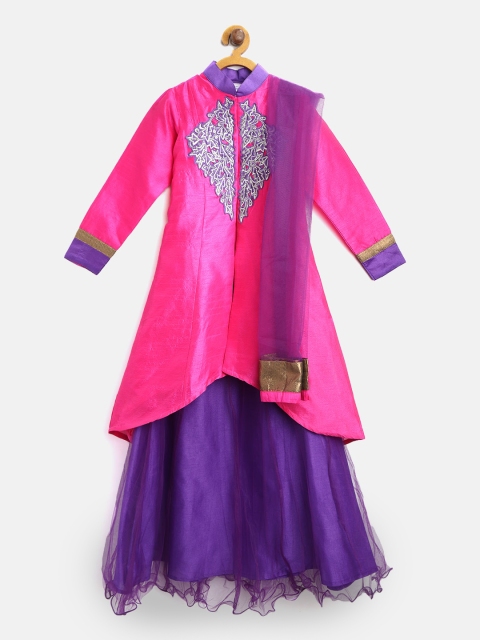 

612 league Girls Pink & Purple Yoke Design Kurta with Skirt & Dupatta