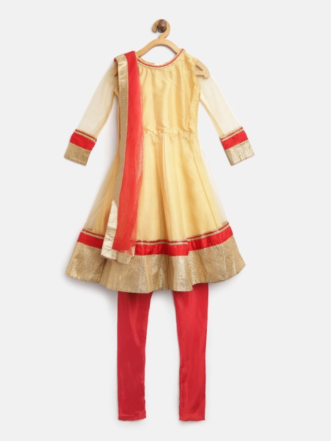 

612 league Girls Beige & Red Solid Net Kurta with Churidar & Attached Dupatta