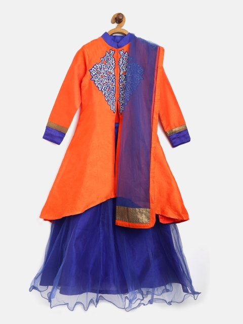 

612 league Girls Orange & Blue Solid Kurta with Skirt & Dupatta
